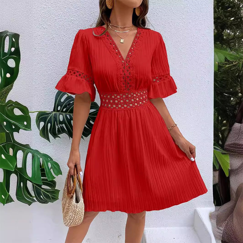 Thessaly — Lace-Trim Pleated Summer Dress
