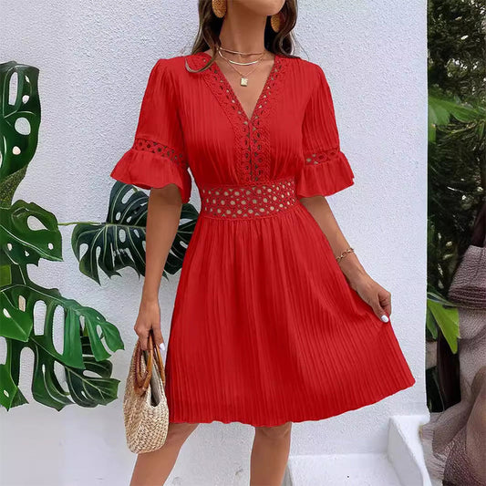 Thessaly — Lace-Trim Pleated Summer Dress