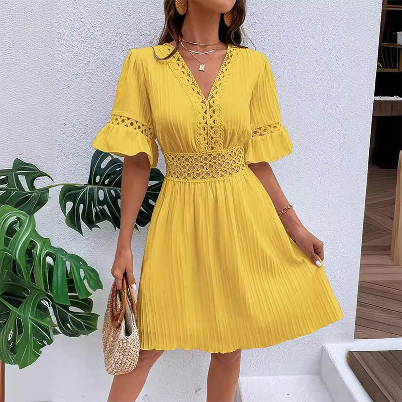 Thessaly — Lace-Trim Pleated Summer Dress