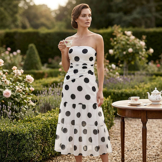 Rosalind — Strapless Polka-Dot Tiered Maxi Dress